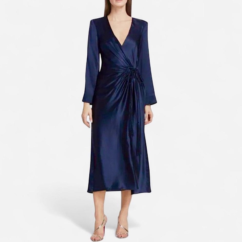 CINQ À SEPT Serena Wrap Dress, Navy Silk, Size 8